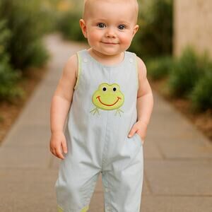 Monday's Child Girls Romper Size 3 Frog Applique Blue Green White Striped
